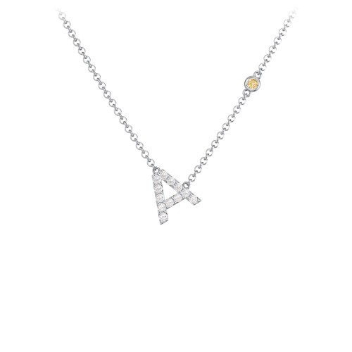 Pavé A Initial Necklace with Satellite Gemstone – Sterling Silver with White Premium Zirconia and Citrine