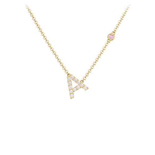 Pavé A Initial Necklace with Satellite Gemstone – 10K Yellow Gold with White Premium Zirconia and Pink Tourmaline