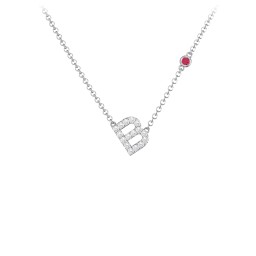 Pavé B Initial Necklace with Satellite Gemstone in 925 Sterling Silver with White Premium Zirconia and Ruby