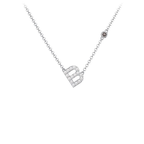 Pavé B Initial Necklace with Satellite Gemstone – Sterling Silver with White Premium Zirconia and Smokey Quartz