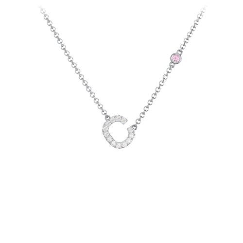 Pavé C Initial Necklace with Satellite Gemstone – Sterling Silver with White Premium Zirconia and Pink Tourmaline