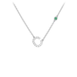 Pavé C Initial Necklace with Satellite Gemstone in 925 Sterling Silver with White Premium Zirconia and Emerald