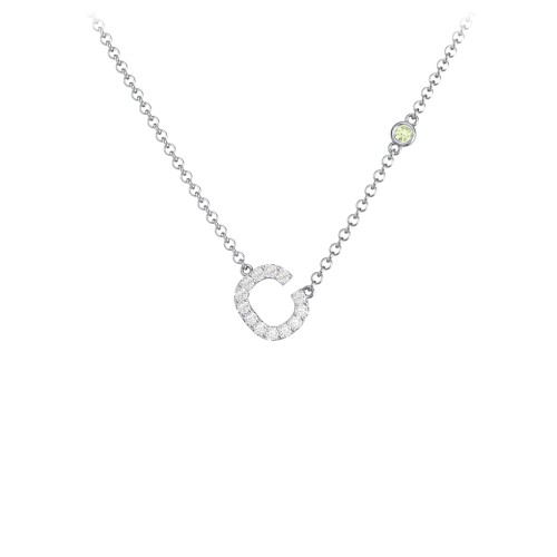 Pavé C Initial Necklace with Satellite Gemstone – Sterling Silver with White Premium Zirconia and Peridot