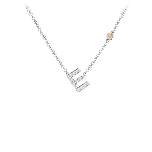 Pavé E Initial Necklace with Satellite Gemstone – Sterling Silver with White Premium Zirconia and Citrine