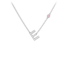 Pavé E Initial Necklace with Satellite Gemstone in 925 Sterling Silver with White Premium Zirconia and Pink Tourmaline