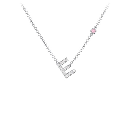 Pavé E Initial Necklace with Satellite Gemstone – Sterling Silver with White Premium Zirconia and Pink Tourmaline