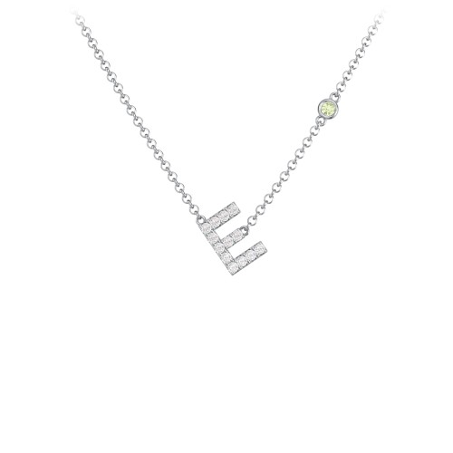 Pavé E Initial Necklace with Satellite Gemstone – Sterling Silver with White Premium Zirconia and Peridot