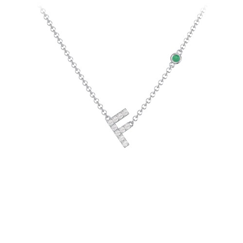 Pavé F Initial Necklace with Satellite Gemstone – Sterling Silver with White Premium Zirconia and Emerald
