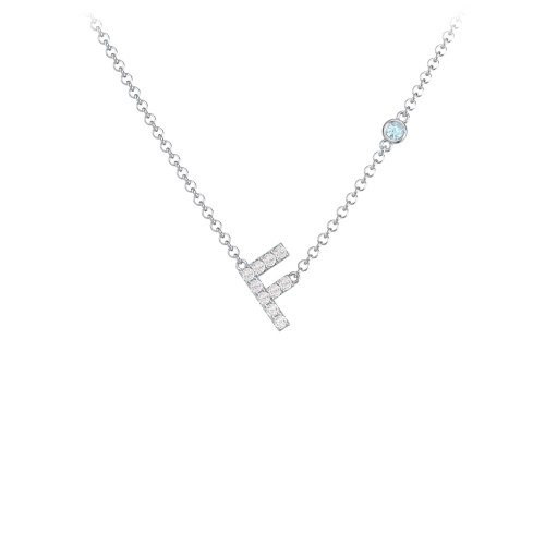 Pavé F Initial Necklace with Satellite Gemstone – Sterling Silver with White Premium Zirconia and Blue Topaz