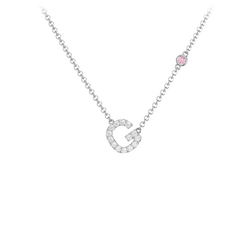 Pavé G Initial Necklace with Satellite Gemstone – Sterling Silver with White Premium Zirconia and Pink Tourmaline