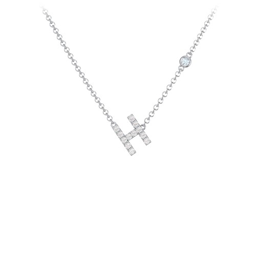 Pavé H Initial Necklace with Satellite Gemstone – Sterling Silver with White Premium Zirconia and Aquamarine