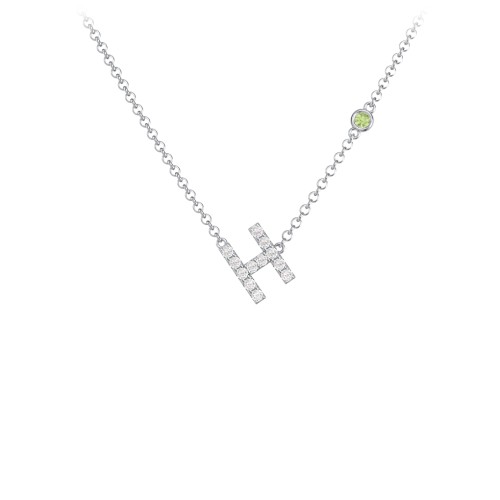 Pavé H Initial Necklace with Satellite Gemstone – Sterling Silver with White Premium Zirconia and Peridot