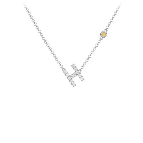 Pavé H Initial Necklace with Satellite Gemstone – Sterling Silver with White Premium Zirconia and Citrine