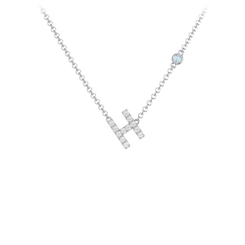 Pavé H Initial Necklace with Satellite Gemstone – Sterling Silver with White Premium Zirconia and Blue Topaz