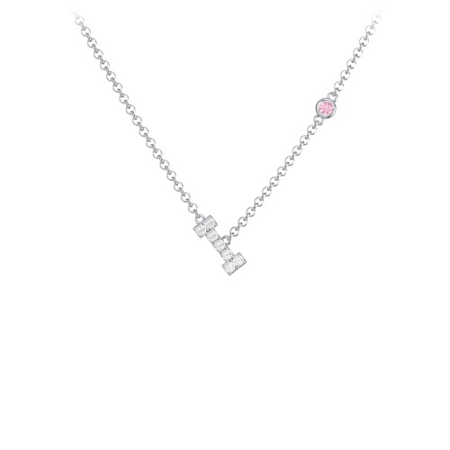 Pavé I Initial Necklace with Satellite Gemstone – Sterling Silver with White Premium Zirconia and Pink Tourmaline