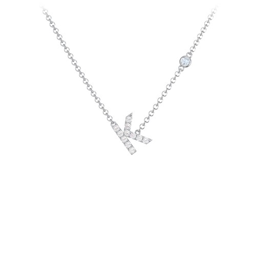 Pavé K Initial Necklace with Satellite Gemstone – Sterling Silver with White Premium Zirconia and Aquamarine