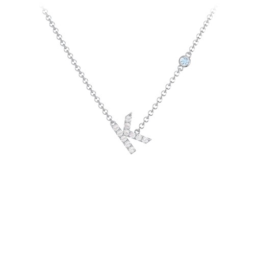 Pavé K Initial Necklace with Satellite Gemstone – Sterling Silver with White Premium Zirconia and Blue Topaz