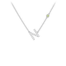 Pavé N Initial Necklace with Satellite Gemstone in 925 Sterling Silver with White Premium Zirconia and Peridot
