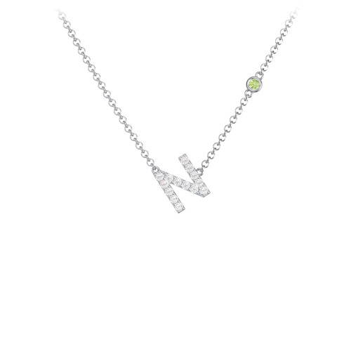 Pavé N Initial Necklace with Satellite Gemstone – Sterling Silver with White Premium Zirconia and Peridot