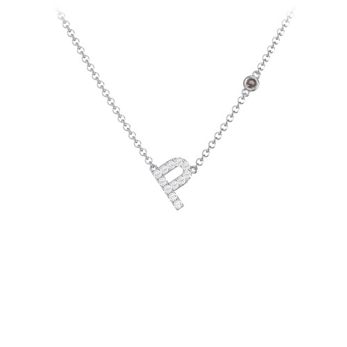 Pavé P Initial Necklace with Satellite Gemstone – Sterling Silver with White Premium Zirconia and Smokey Quartz