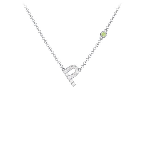 Pavé P Initial Necklace with Satellite Gemstone – Sterling Silver with White Premium Zirconia and Peridot