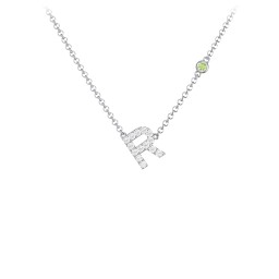 Pavé R Initial Necklace with Satellite Gemstone in 925 Sterling Silver with White Premium Zirconia and Peridot