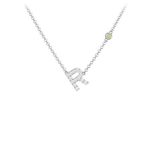 Pavé R Initial Necklace with Satellite Gemstone – Sterling Silver with White Premium Zirconia and Peridot