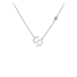 Pavé S Initial Necklace with Satellite Gemstone in 925 Sterling Silver with White Premium Zirconia and Amethyst