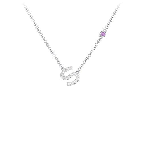 Pavé S Initial Necklace with Satellite Gemstone – Sterling Silver with White Premium Zirconia and Amethyst
