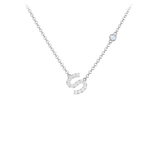 Pavé S Initial Necklace with Satellite Gemstone – Sterling Silver with White Premium Zirconia and Aquamarine