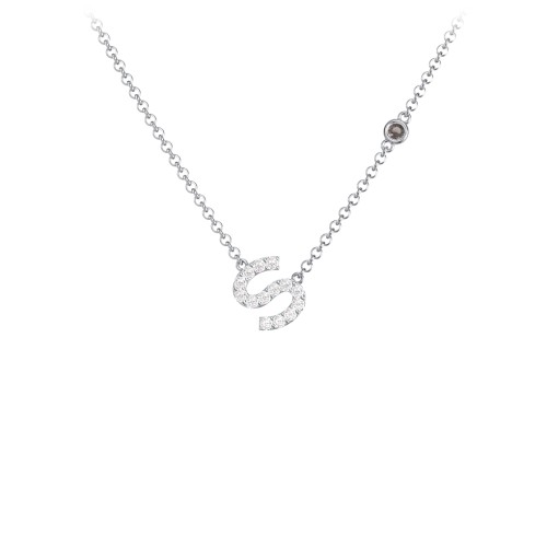 Pavé S Initial Necklace with Satellite Gemstone – Sterling Silver with White Premium Zirconia and Smokey Quartz