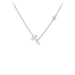 Pavé T Initial Necklace with Satellite Gemstone in 925 Sterling Silver with White Premium Zirconia and Pink Tourmaline