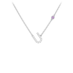 Pavé U Initial Necklace with Satellite Gemstone in 925 Sterling Silver with White Premium Zirconia and Amethyst