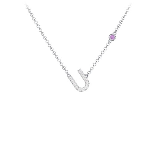 Pavé U Initial Necklace with Satellite Gemstone – Sterling Silver with White Premium Zirconia and Amethyst