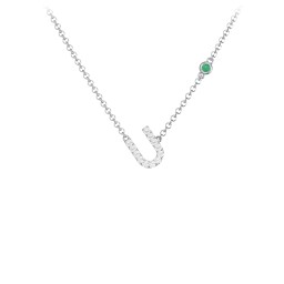 Pavé U Initial Necklace with Satellite Gemstone in 925 Sterling Silver with White Premium Zirconia and Emerald