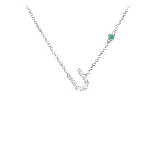 Pavé U Initial Necklace with Satellite Gemstone – Sterling Silver with White Premium Zirconia and Emerald