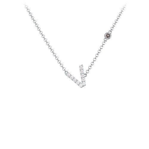 Pavé V Initial Necklace with Satellite Gemstone – Sterling Silver with White Premium Zirconia and Smokey Quartz