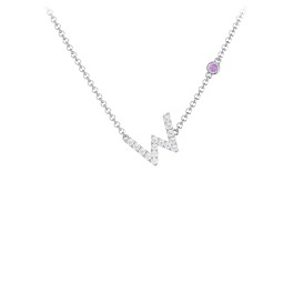 Pavé W Initial Necklace with Satellite Gemstone in 925 Sterling Silver with White Premium Zirconia and Amethyst