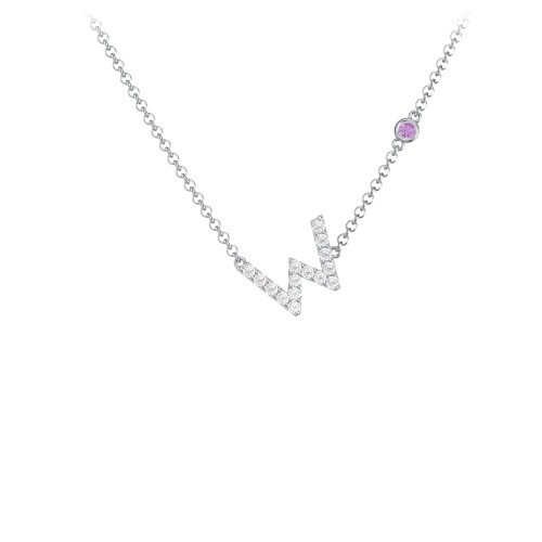 Pavé W Initial Necklace with Satellite Gemstone – Sterling Silver with White Premium Zirconia and Amethyst