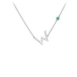 Pavé W Initial Necklace with Satellite Gemstone in 925 Sterling Silver with White Premium Zirconia and Emerald