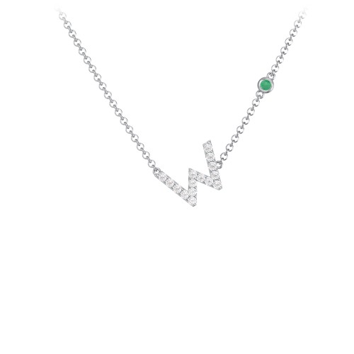 Pavé W Initial Necklace with Satellite Gemstone – Sterling Silver with White Premium Zirconia and Emerald