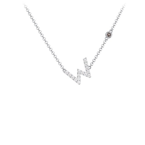 Pavé W Initial Necklace with Satellite Gemstone – Sterling Silver with White Premium Zirconia and Smokey Quartz