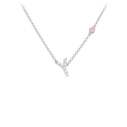 Pavé Y Initial Necklace with Satellite Gemstone in 925 Sterling Silver with White Premium Zirconia and Pink Tourmaline