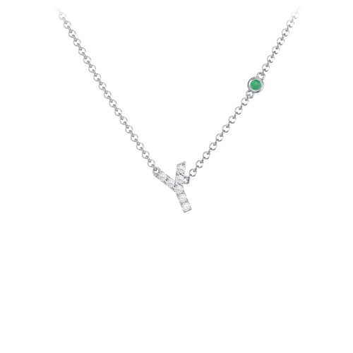 Pavé Y Initial Necklace with Satellite Gemstone – Sterling Silver with White Premium Zirconia and Emerald