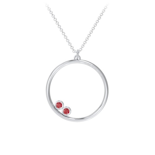 Open Circle Necklace with 2 Birthstones – Sterling Silver with Garnet