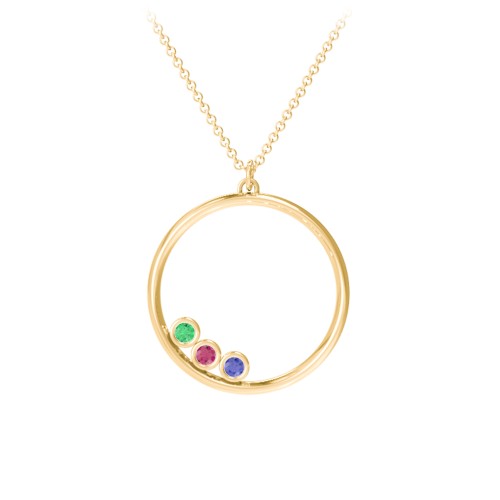 Open Circle Necklace with 3 Birthstones – 10K Yellow Gold with Emerald, Ruby, and Blue Sapphire