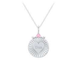 Engravable Sunburst Heart Necklace with Gemstone in 925 Sterling Silver with Pink Tourmaline