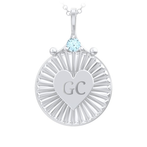 Engravable Sunburst Heart Necklace with Gemstone – Sterling Silver with Blue Topaz