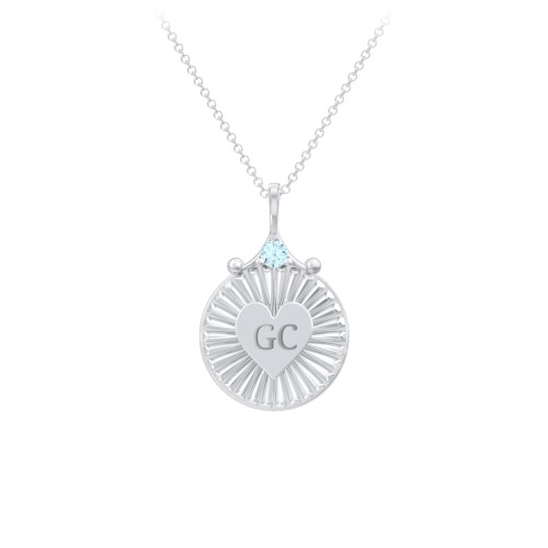 Engravable Sunburst Heart Necklace with Gemstone – Sterling Silver with Blue Topaz