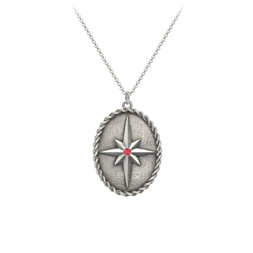 Engravable North Star Medallion Necklace with Accent Stone – Sterling Silver with Garnet
